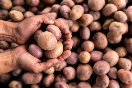 Solanum tuberosum - Potatoes in the hands of the farmer in the Colombian market squareの写真素材