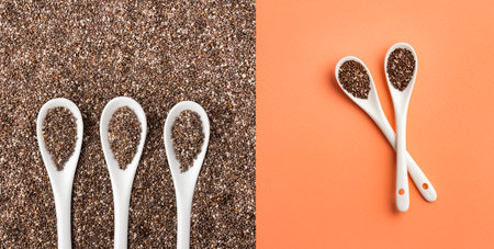 Fresh chia seeds in ceramic spoons - Salvia hispanicaの写真素材