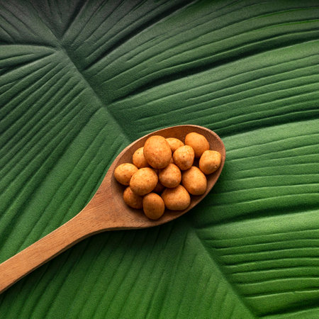 Organic Japanese peanuts in the spoon - Arachis hypogaeaの写真素材