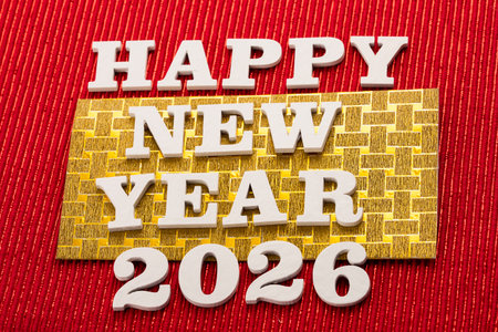 Happy new year 2026 in white letters on red backgroundの写真素材