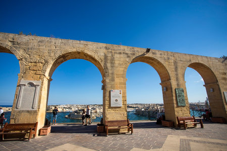 Valletta, Malta. October 7, 2022. Beautiful gardens with the arches of the terrace are a construction of the year 1661.のeditorial素材