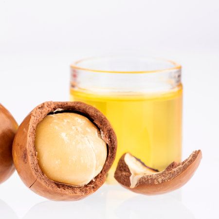 Macadamia integrifolia - Ripe macadamia nuts and glass bowl with natural oilの写真素材