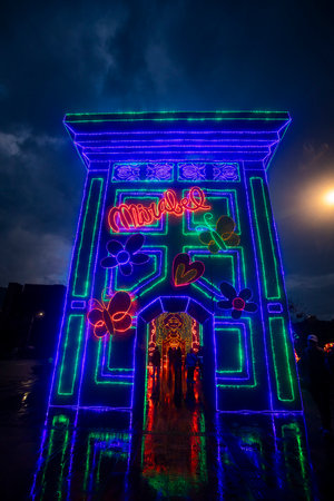 Medellin, Antioquia. Colombia - January 11, 2023. Luminous and Christmas-themed figures decorate the river park sectorのeditorial素材