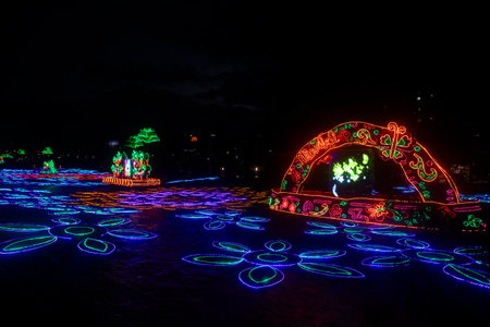Medellin, Antioquia. Colombia - January 11, 2023. Christmas lighting in the river parks sector