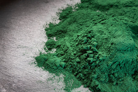 Spirulina powder healthy dietary supplement - Algae powder in spoonの写真素材