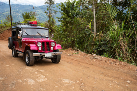 Betania, Antioquia - Colombia - August 24, 2023. Traditional Willy Jeeps, transportation of...