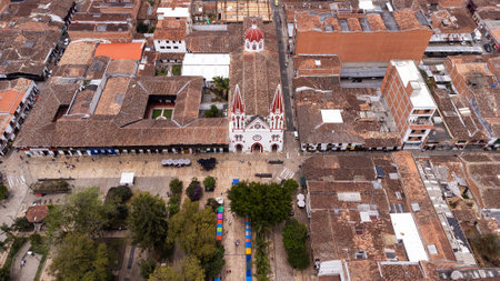 La Ceja, Antioquia - Colombia. March 9, 2024. Aerial view of the Minor Basilica of Our Lady of Carmenの写真素材