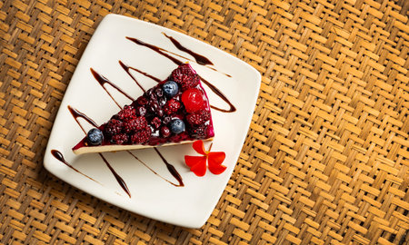 Dessert served with three leches with red fruits - Blackberries, cherries, strawberries, blueberries...