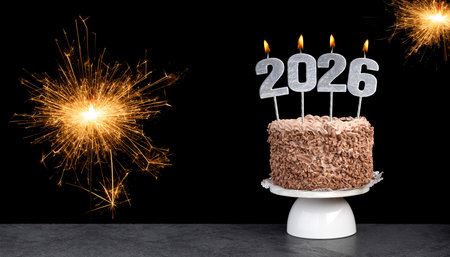 Happy new year 2026 on cake on black backgroundの写真素材