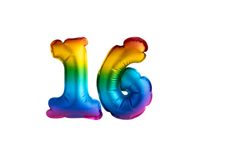 16 years - Multicolor balloon number 16 anniversary. Happy birthday congratulationsの写真素材
