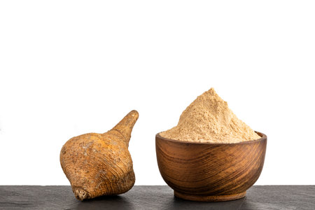 Maca powder, natural supplement derived from the root of Lepidium meyenii.