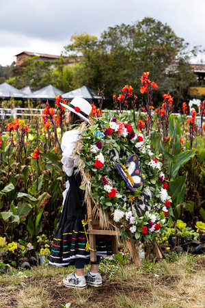 Medellin, Antioquia - Colombia. August 6, 2024. Yuli Ruiz Londono, manufacturer of silletas flowers, in the Barro Blanco village.のeditorial素材