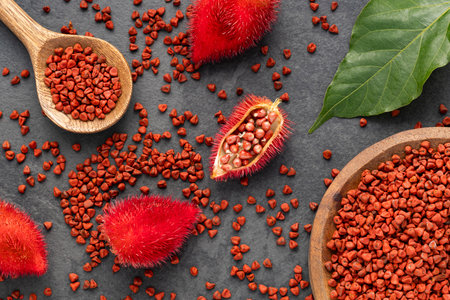 Annatto seeds in spoon - Seasoning and red food coloring. Bixa Orellanaの写真素材
