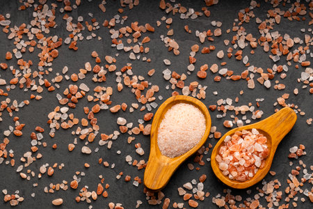 Fine crystals of pink salt in two spoons - Exotic ingredient for cookingの写真素材
