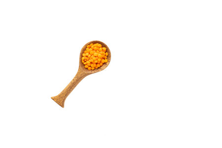 Lens culinaris - Organic red lentils on the spoon.の写真素材