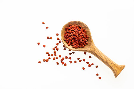 Organic red annatto seeds in wooden spoon - Bixa Orellanaの写真素材