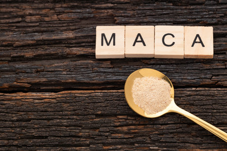 Peruvian organic maca powder - Lepidium meyenii in the spoon.の写真素材