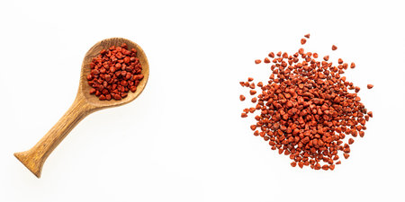 Red organic annatto seeds in the spoon - Bixa Orellanaの写真素材