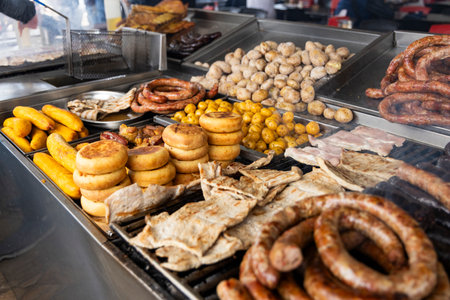 Typical Boyaca roasted - Beef, chorizo, arepas, sausage, plantains, and potatoesの写真素材