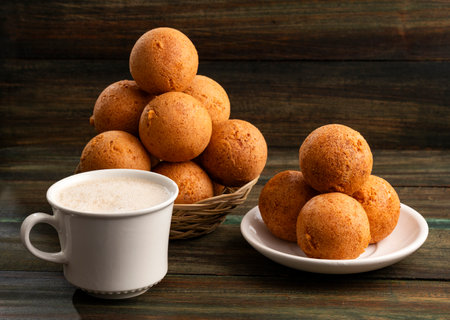 Fried buÃ±uelos with hot chocolate - Traditional Colombian cuisine