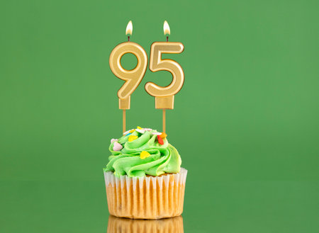 Number 95 birthday candle - Cupcake on a green background
