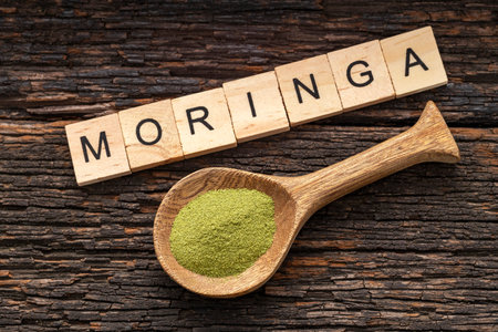 Pure dried moringa powder in a spoon - Moringa oleiferaの写真素材