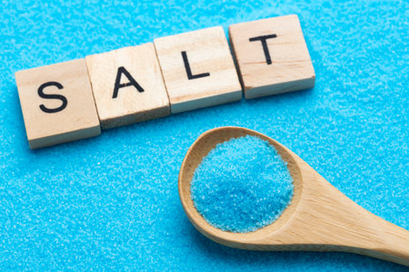 Fine and pure blue salt in a spoon - Sodium chlorideの写真素材