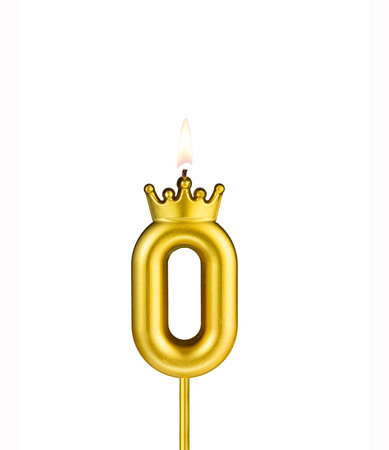 Golden candle with crown number 0 - White backgroundの写真素材