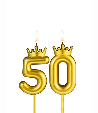 Golden candle with crown number 50 - White backgroundの写真素材