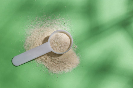 Organic gelatin powder also called hydrolyzed collagen - White powder in spoon