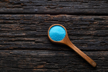 Fine blue salt crystals in a spoon - salt for the rim of the glassの写真素材