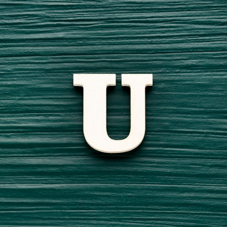 Alphabet letter U, white piece on a dark green rustic background