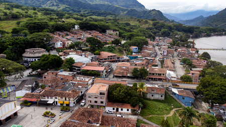 La Pintada, Antioquia, Colombia. July 22, 2025. Panoramic drone view of the township located 92 km...