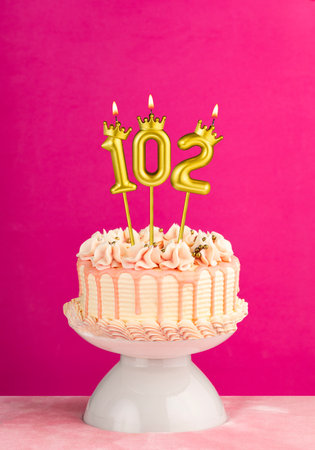 Pink birthday celebration cake with number 102 candleの写真素材