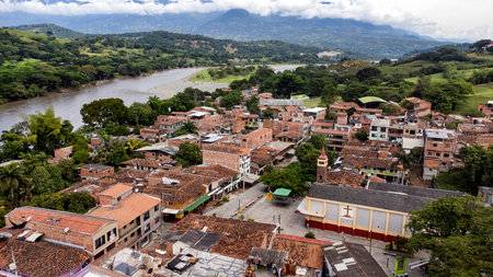 La Pintada, Antioquia - Colombia. July 22, 2025. Aerial view with a drone, with a temperature of 32 degrees Celsius.の写真素材