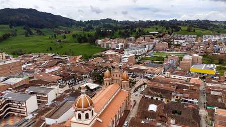 San Pedro de los Milagros, Antioquia, Colombia. June 16, 2025. Panoramic view from a drone. Municipality located 30 km from Medellin.の写真素材