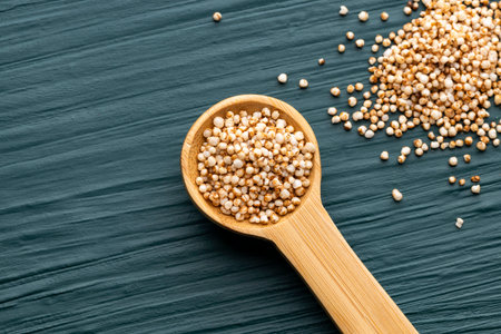 Wooden spoon with amaranth pops - Amaranthus.の写真素材