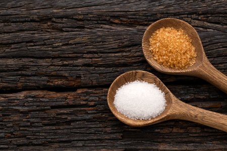 White sugar and brown sugar in spoons - Saccharum officinarumの写真素材