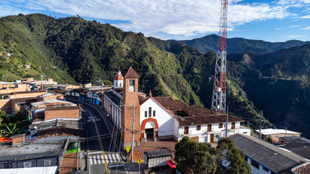 Santa Barbara, Versailles, Antioquia, Colombia. October 5, 2025. Catholic parish located in the main...