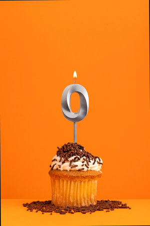 Number 0 candle - Birthday card design in orange background. cupcake