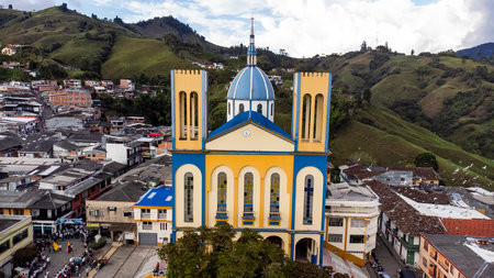 Aranzazu, Caldas - Colombia. October 6, 2025. Panoramic drone view of the town's main church.の写真素材