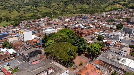 Supia, Caldas - Colombia. October 7, 2025. Panoramic drone view. Municipality located 82 km from Manizales.の写真素材