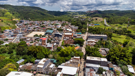 Vegachi, Antioquia, Colombia. September 21, 2025. Panoramic drone view. Municipality located 145.2 km from Medellin.の写真素材