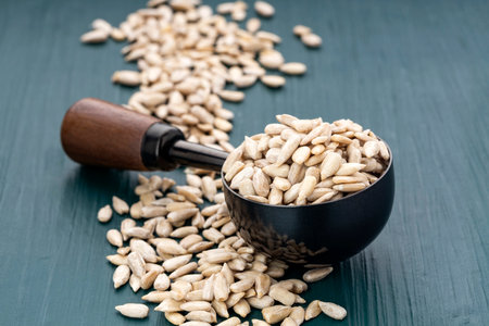 Helianthus annuus - Hulled sunflower seeds in a measuring spoonの写真素材