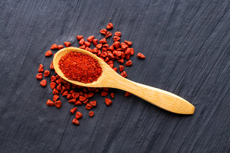 Dried annatto seeds scattered and held in a bamboo spoonの写真素材