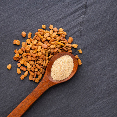 Fenugreek seeds and powder in a spoon - Methi Danaの写真素材
