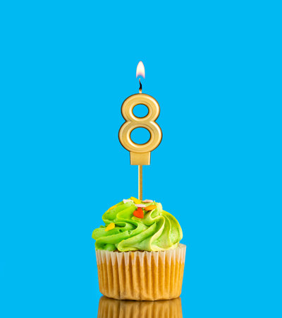 Candle number 8 - Birthday card with cupcake on blue background