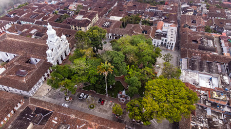 Salamina, Caldas - Colombia. October 6, 2025. Panoramic drone view of the town's main church.