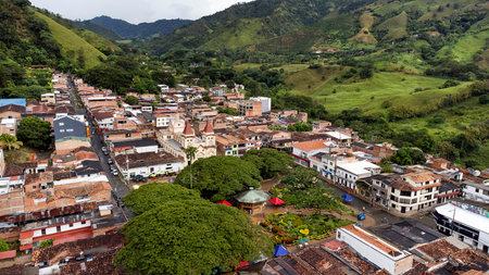 Hispania, Antioquia, Colombia. October 8, 2025. Panoramic drone view. Municipality located 94.5 km from Medellin.の写真素材