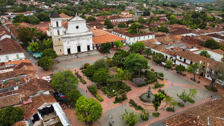 Santa Fe de Antioquia, Colombia. February 15, 2026. Panoramic drone view of the town's main church.